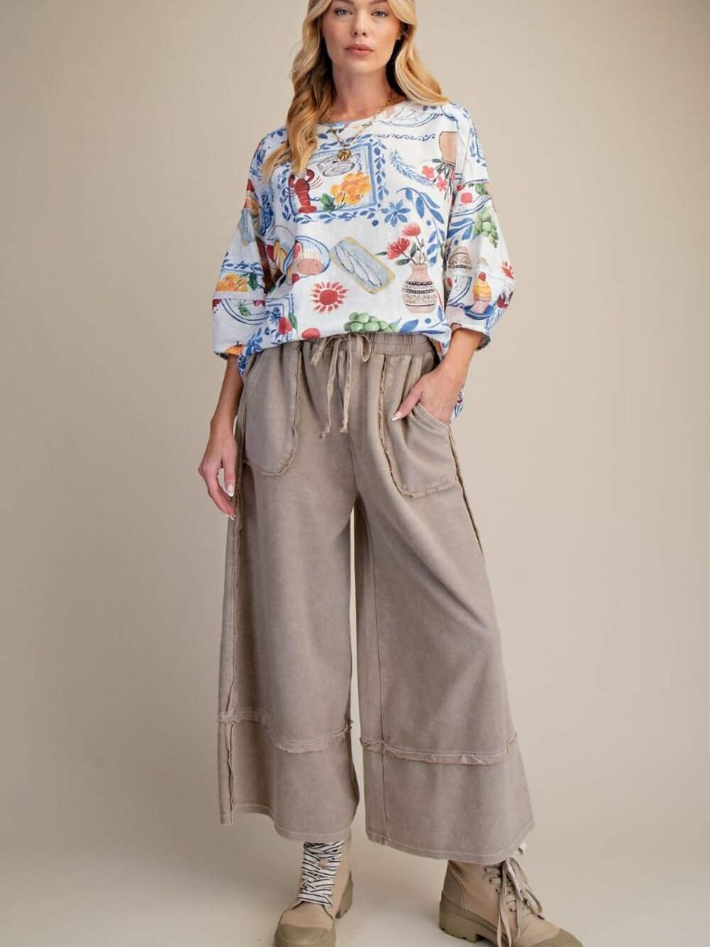 797 EASEL SAND NUDE NATURAL MUSHROOM MINERAL WASHED TERRY PALAZZO PANTS SML NWT